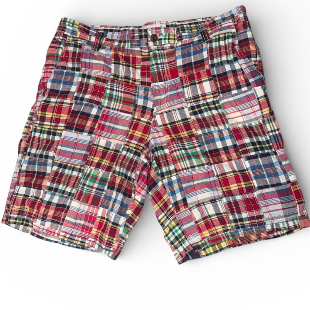 Izod Saltwater Madras Plaid Patchwork Cotton shorts flat front Pockets Preppy 36